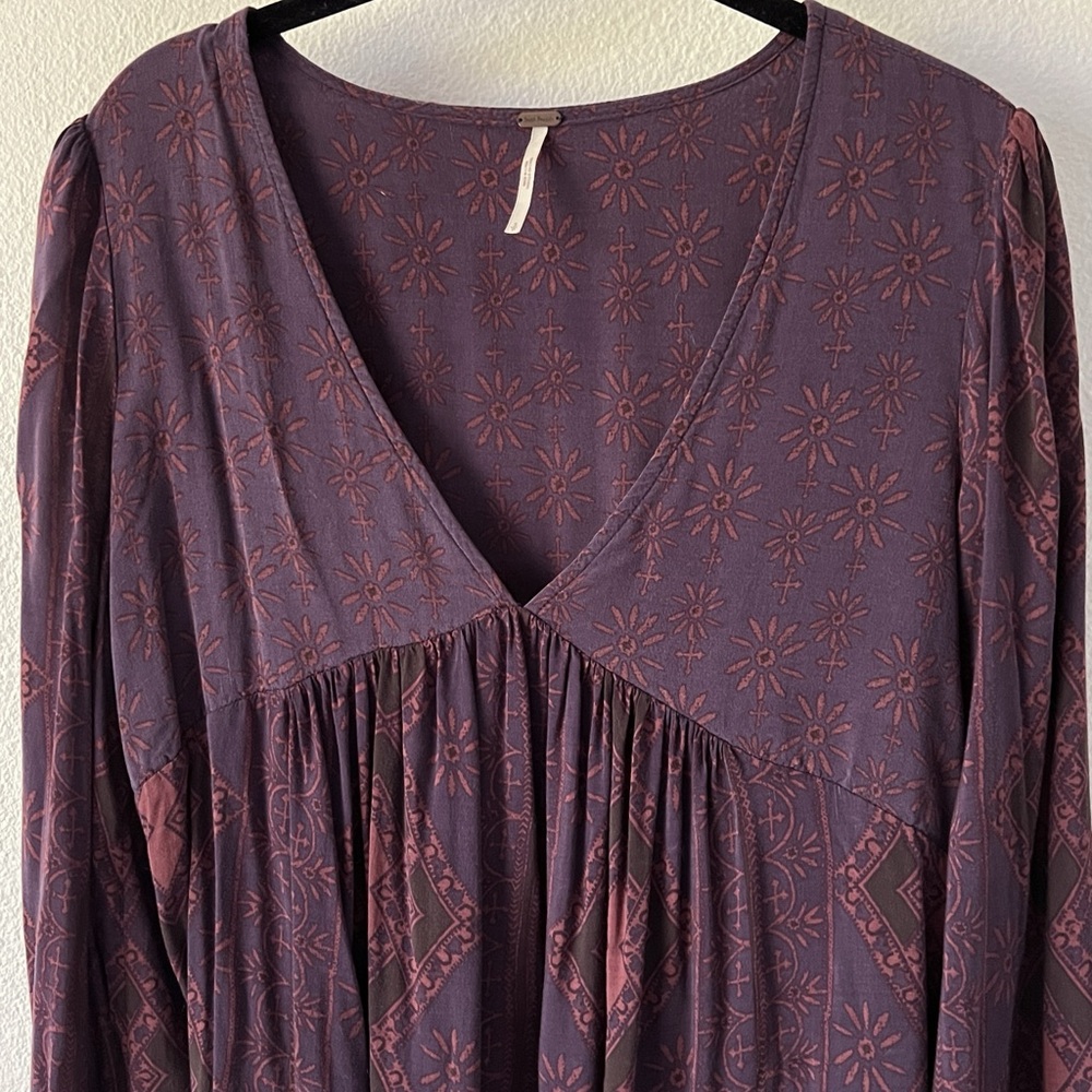 Free People Flowy Bohemian Purple Orchid Floral Tunic Mini Dress Size Small - Picture 3 of 15